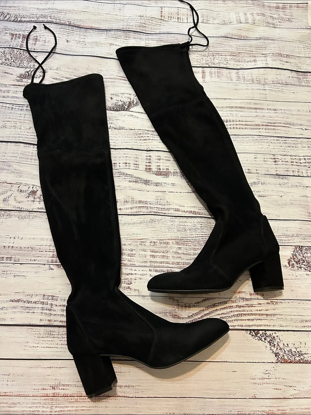 Stuart Weitzman Black Suede Over-the-Knee Block Heel Boots